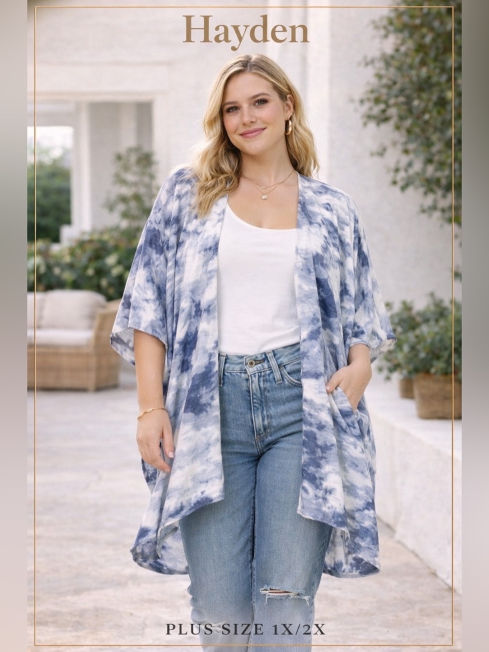 NWT Hayden Tie Dye Kimono Plus Size 1X 2X Blue Lightweight Layering Duster Boho